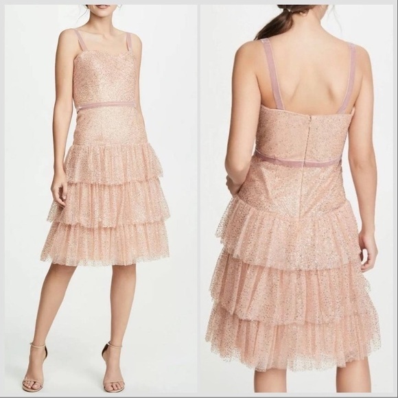 NWT Marchesa Notte Womens Glitter Tulle Cocktail Dress Rose Gold Size 4
